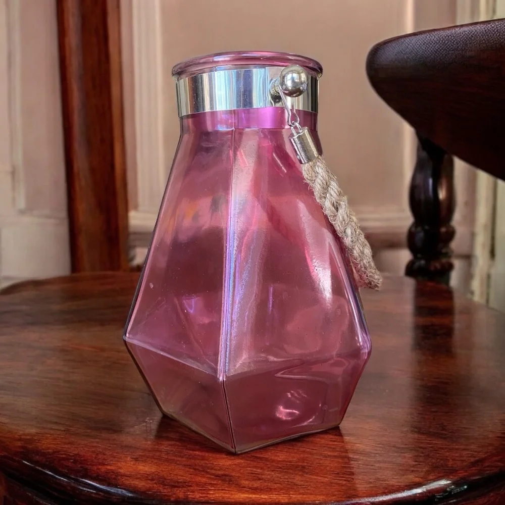 Pinkish Purple Geometric Glass Vase with Rope Handle
